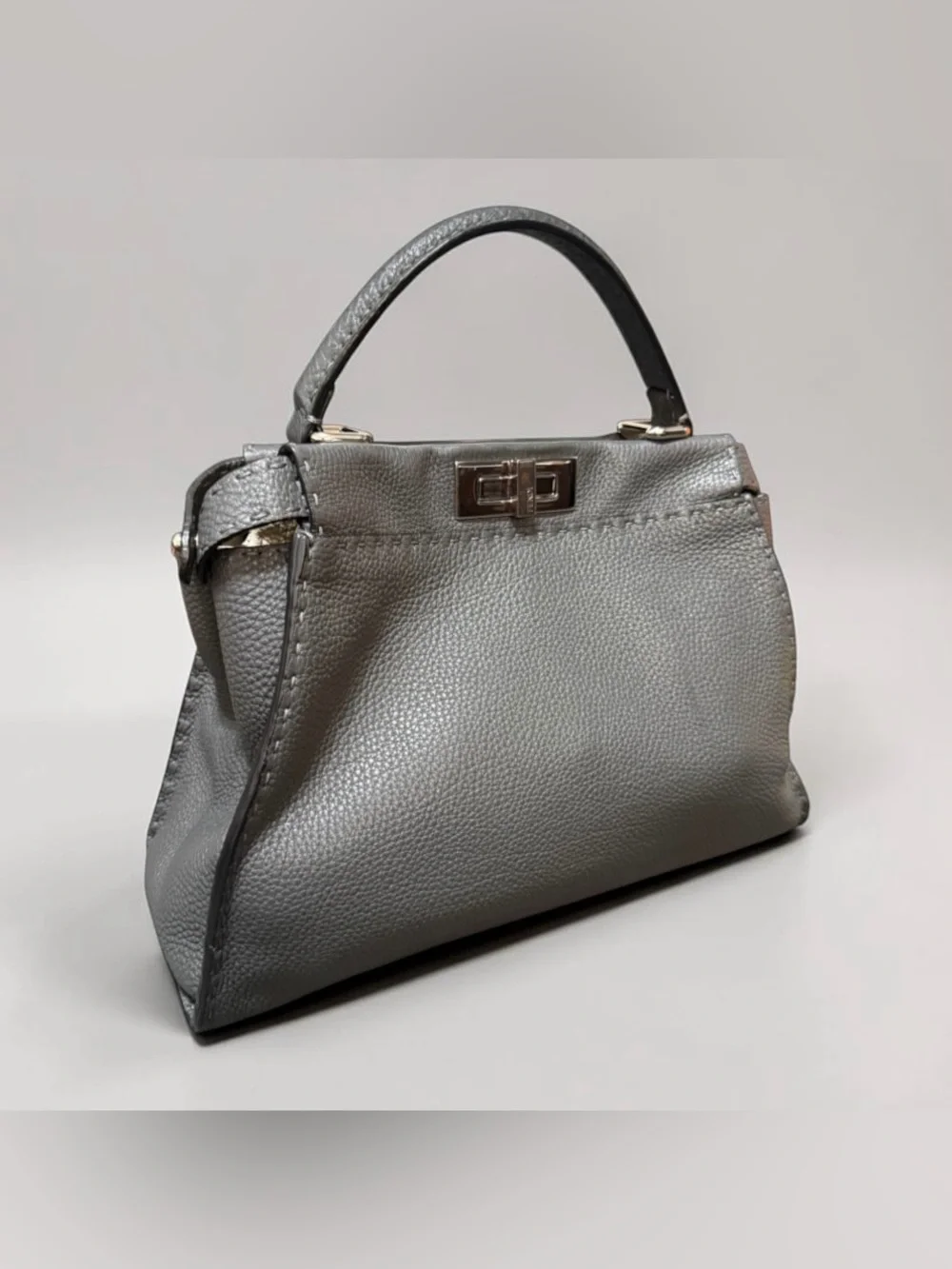Fendi Peekaboo Medium Metallic Gray Leather Top Handdle Bag Silver Hardware